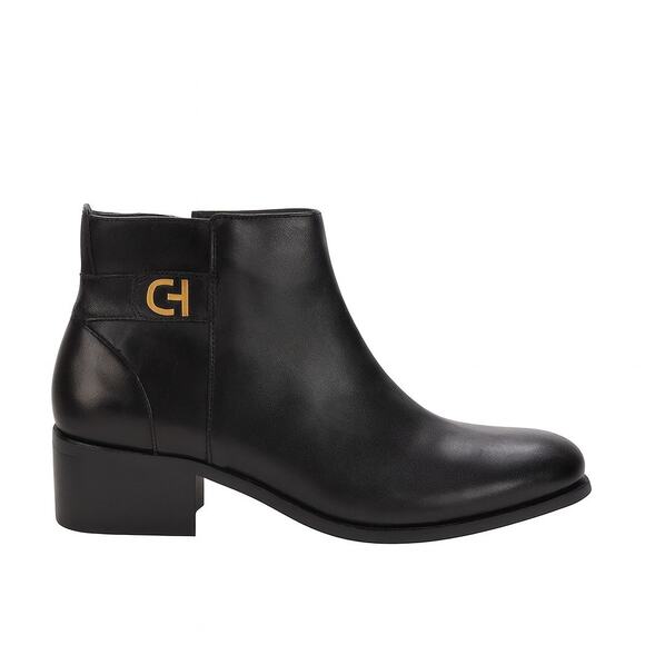 Cole Haan Hollis Black Leather Ankle Boots | Gold Buckle Zip Booties Fall Staple - Picture 1 of 16